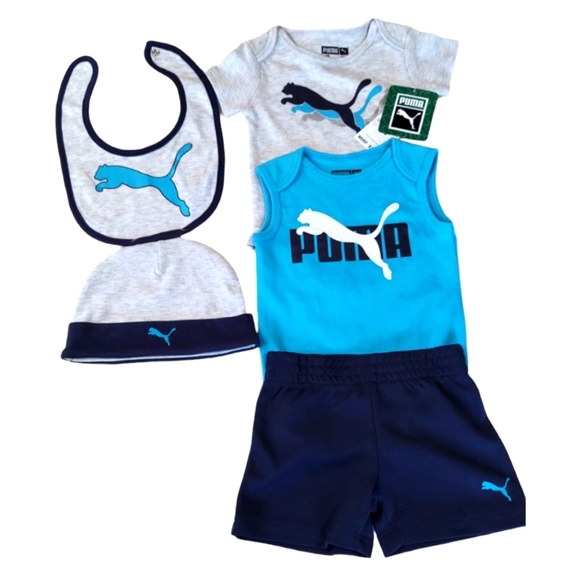 Puma Baby Boys Bodysuit Short Sleeves 3-6 Months Shorts Beanie Bib 5-piece Set - Picture 16 of 16